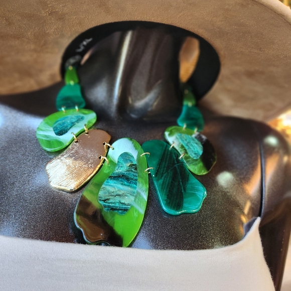Green, Blue and Goldtone Statement Necklace with Earrings Set - Picture 6 of 16